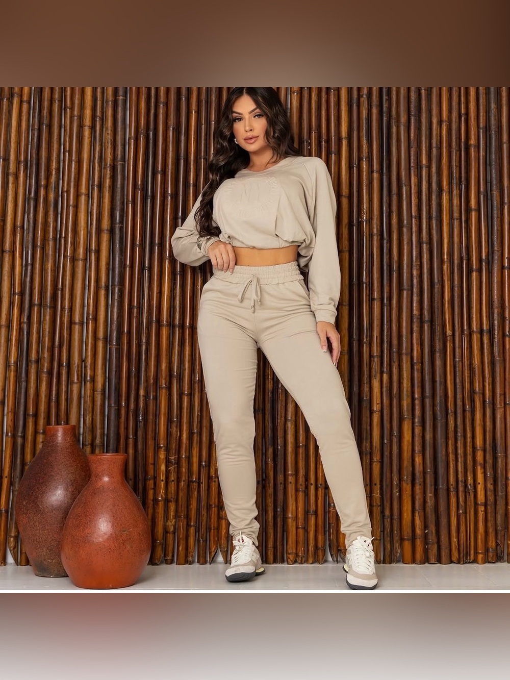 NWT- Maria Dondoca Women's Beige Set Jogger Pants and Cropped Medium